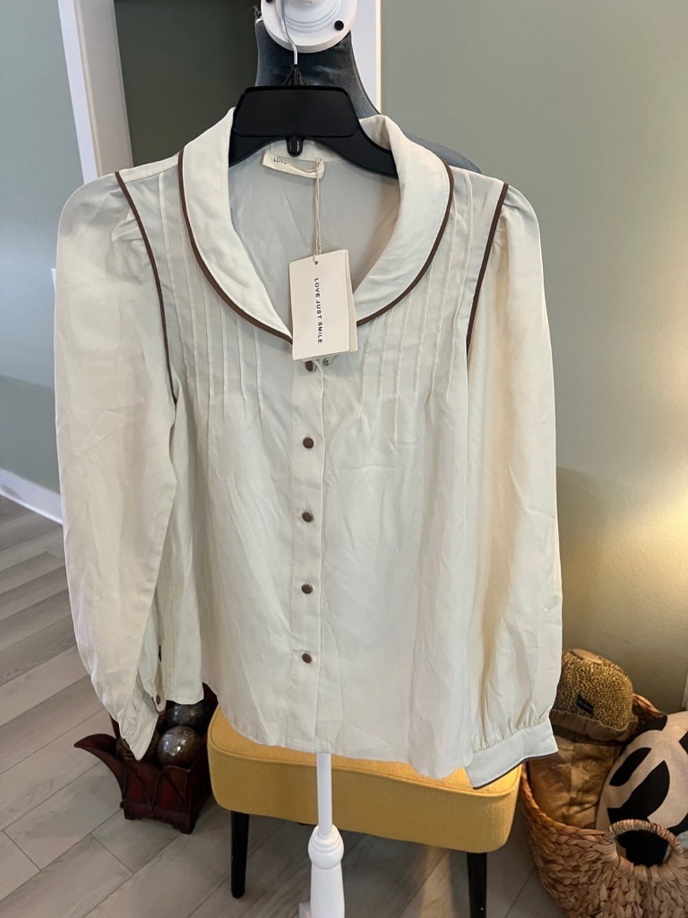 Cream Long-Sleeve Peter Pan Collar Blouse with Brown Trim